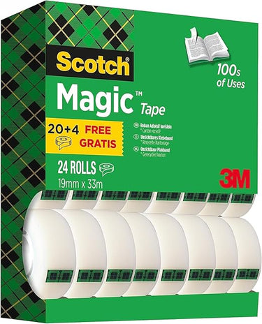 Scotch Nastro adesivo Magic, Value Pack - 24 Rotoli da 19 mm x 33 m - Nastro Trasparente Opaco e Scrivibile Ottimo per Casa, Ufficio e Scuola